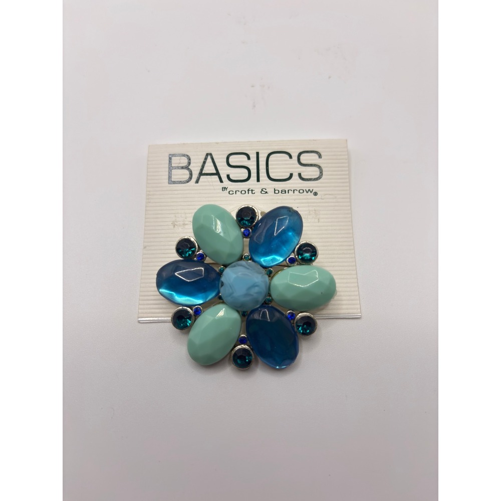 Croft & Barrow Basics Blue Turquoise Floral Brooch Silver Tone Flower Pin NEW